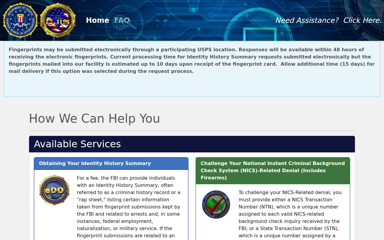 FBI subject record request portal for criminal history beyond Franklin County