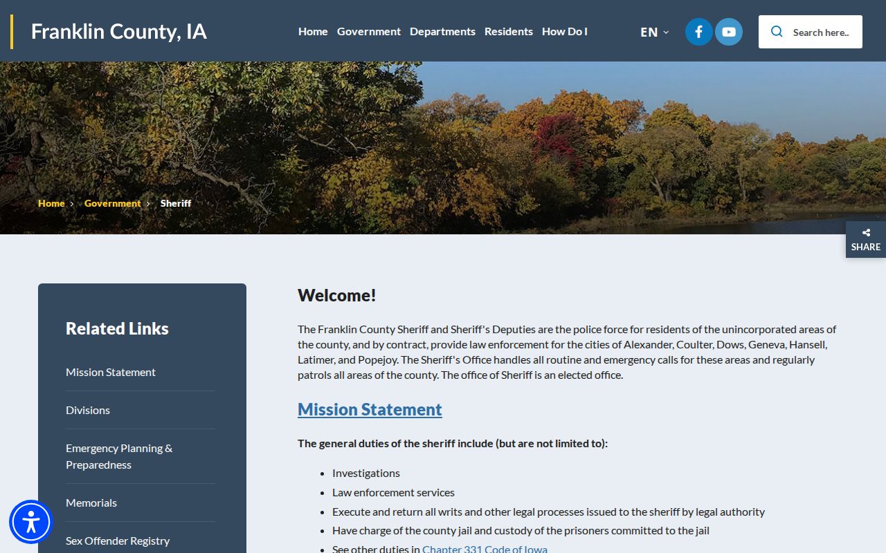 Franklin County Sheriff contact page for criminal records and custody routing